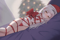 Rule 34 | 1girl, bikini, blush, bound, bound arms, bound legs, bow, cameltoe, christmas, closed mouth, ear blush, feet out of frame, grey hair, hat, highres, hololive, kusa mori, long hair, looking at viewer, lying, murasaki shion, navel, nose blush, on side, red bikini, red bow, red hat, red ribbon, ribbon, ribbon bondage, santa hat, side-tie bikini bottom, solo, swimsuit, virtual youtuber, yellow eyes