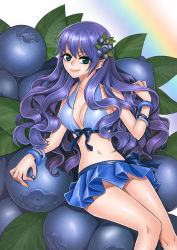 Rule 34 | 1girl, bangle, blue eyes, blue hair, blueberry, bracelet, breasts, cleavage, food, food-themed clothes, fruit, hair ornament, halterneck, jewelry, leaf, long hair, matching hair/eyes, midriff, mini person, minigirl, original, personification, pointy ears, rainbow, skirt, smile, solo