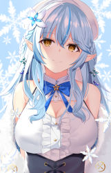 Rule 34 | 1girl, bare shoulders, beret, blue background, blue bow, blue flower, blue hair, bow, braid, breasts, brown eyes, center frills, cleavage, closed mouth, commentary request, flower, frills, hair between eyes, hair flower, hair ornament, half updo, hat, highres, hikashou, hololive, long hair, medium breasts, multicolored hair, pointy ears, shirt, sleeveless, sleeveless shirt, smile, snowflakes, solo, streaked hair, upper body, virtual youtuber, white flower, white hat, white shirt, yukihana lamy