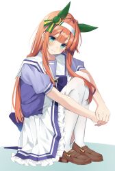 Rule 34 | 1girl, absurdres, animal ears, blunt bangs, blush, brown footwear, chroemaguro, closed mouth, commentary request, ear covers, frilled skirt, frills, green eyes, hairband, head tilt, highres, horse ears, horse girl, hugging own legs, loafers, long hair, looking at viewer, orange hair, own hands together, puffy short sleeves, puffy sleeves, purple serafuku, purple shirt, sailor collar, school uniform, serafuku, shirt, shirt tucked in, shoes, short sleeves, silence suzuka (umamusume), simple background, sitting, skirt, smile, solo, thighhighs, tracen school uniform, umamusume, white background, white sailor collar, white skirt, white thighhighs