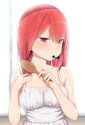 Rule 34 | 1girl, bare arms, bare shoulders, bat hair ornament, blush, breasts, brushing hair, brushing own hair, collarbone, dress, gabriel dropout, greatmosu, hair between eyes, hair brush, hair down, hair ornament, half-closed eyes, hands up, highres, holding, holding brush, holding own hair, long hair, looking at viewer, medium breasts, mouth hold, purple eyes, red hair, satanichia kurumizawa mcdowell, solo, sundress, unworn hair ornament, upper body, white dress