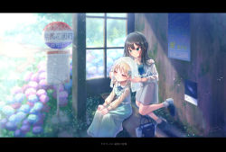 Rule 34 | 2girls, absurdres, bench, blue neckwear, blush, brown eyes, brown hair, bus stop, commentary request, day, dress, drill hair, earrings, flower, grass, green eyes, hair ornament, highres, hydrangea, idolmaster, idolmaster cinderella girls, jewelry, letterboxed, light brown hair, long hair, long sleeves, morikubo nono, multiple girls, necklace, outdoors, shibuya rin, shoes, signature, sitting, smile, socks, sunlight, veil, yukinuno