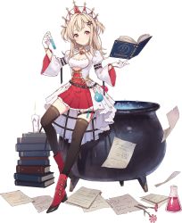 Rule 34 | 1girl, ark order, belt, beret, black belt, black thighhighs, blonde hair, book, book stack, boots, candle, cauldron, coat, crown, erlenmeyer flask, flask, floating, floating book, floating object, frilled skirt, frills, full body, gloves, hair ornament, hat, hexagram, high-waist skirt, holding, juliet sleeves, kamon (shinshin), long sleeves, looking at viewer, medium hair, official art, paper, pink eyes, pleated skirt, puffy sleeves, red footwear, red skirt, round-bottom flask, salamander (ark order), skirt, solo, star (symbol), star hair ornament, star of david, strapless, tachi-e, thigh strap, thighhighs, transparent background, tube top, two side up, vial, white coat, white gloves, white hat, white tube top