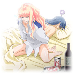Rule 34 | 00s, 1boy, 1girl, alcohol, bad id, bad pixiv id, barefoot, bed, blonde hair, blue eyes, blue hair, bottle, breasts, can, cleavage, dress shirt, drink, hangover, lapis, long hair, macross, macross frontier, pillow, saotome alto, sheryl nome, shirt, small breasts