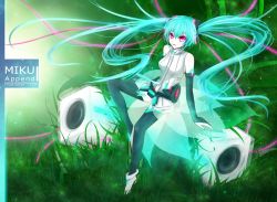 Rule 34 | 1girl, 515m, anklet, aqua hair, bad id, bad pixiv id, barefoot, belt, breasts, character name, elbow gloves, female focus, full body, gloves, hatsune miku, hatsune miku (append), highres, jewelry, long hair, nature, red eyes, sitting, smile, solo, speaker, toeless legwear, twintails, very long hair, vocaloid, vocaloid append