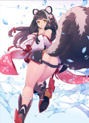 Rule 34 | 1girl, ass, azur lane, bare shoulders, black hair, breasts, chingisu, eyelashes, floating hair, floral print, flower, foreshortening, from behind, hair flower, hair ornament, hair ribbon, hand up, japanese clothes, kimono, kneepits, large breasts, leg up, long hair, long sleeves, looking at viewer, looking back, multicolored hair, naganami (azur lane), obi, off shoulder, open mouth, panties, pink sash, pom pom (clothes), red ribbon, ribbon, sash, skunk ears, skunk tail, smile, solo, standing, standing on one leg, streaked hair, tail raised, thighs, underwear, water drop, white background, white panties, wide sleeves, yellow eyes