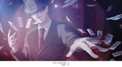 Rule 34 | 1boy, black hair, black hat, black jacket, blurry, blurry background, card, collared shirt, facial hair, gloves, hair between eyes, hat, hat over eyes, jacket, kuroba toichi, long sleeves, magic kaito, male focus, monicanc, mustache, necktie, outstretched arm, red necktie, shirt, solo, white gloves, white shirt, wing collar