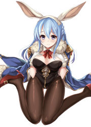 Rule 34 | 10s, 1girl, animal ears, bad id, bad pixiv id, blue cape, blue hair, blush, bow, bowtie, braid, breast suppress, breasts, cape, cleavage, collar, detached collar, fake animal ears, french braid, fur cape, fur trim, gloves, granblue fantasy, hair between eyes, hands on breasts, harimoji, high heels, knees together feet apart, leotard, long hair, pantyhose, playboy bunny, purple eyes, rabbit ears, red bow, red bowtie, red footwear, shoes, shoulder pads, sidelocks, sitting, solo, therese (granblue fantasy), thigh gap, wariza, wavy mouth, white gloves