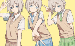 Rule 34 | 3girls, aoba moca, bang dream!, blue eyes, clone, coldcat., cowboy shot, expressionless, finger counting, grey hair, highres, multiple girls, necktie, plaid, plaid skirt, school uniform, short hair, simple background, skirt, sweater vest, yellow background