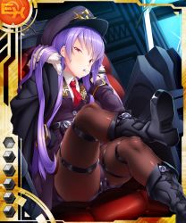 Rule 34 | 1girl, ass, boots, breasts, card (ex-orange), card (medium), female focus, hat, lilith-soft, looking at viewer, noel renoir, potion (moudamepo), purple hair, red eyes, serious, shorts, sitting, sword, taimanin (series), taimanin asagi, taimanin asagi battle arena all card gallery, taimanin asagi kessen arena, uniform, weapon