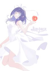 Rule 34 | 1girl, apple, blue eyes, blunt bangs, cover, cover page, doujin cover, dress, floating hair, food, fruit, hair ribbon, heterochromia, highres, kano shirayuki, long hair, looking at viewer, midair, ohisashiburi, project luminasys, purple hair, red nails, ribbon, simple background, smile, solo, white dress, white ribbon