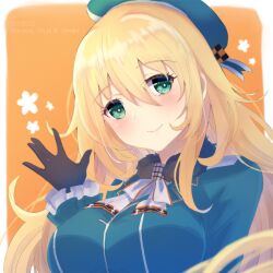 Rule 34 | 1girl, ascot, atago (kancolle), beret, black gloves, blonde hair, blue hat, blue jacket, border, breasts, fur collar, gloves, green eyes, haruka faraway716, hat, highres, jacket, kantai collection, large breasts, long hair, long sleeves, military, military uniform, solo, uniform, upper body, white border, yellow background