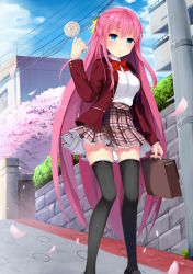 1girl black_footwear black_thighhighs blue_eyes blue_sky briefcase building candy cherry_blossoms cloud day food grazelz hair_ornament hairclip lollipop long_hair looking_at_viewer outdoors petals pink_hair plaid_clothes plaid_skirt power_lines school_briefcase shoes skirt sky solo standing thighhighs tree very_long_hair