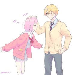 Rule 34 | 1boy, 1girl, blonde hair, bob cut, buttons, cardigan, closed eyes, closed mouth, collared shirt, commentary, diagonal-striped clothes, diagonal-striped necktie, food, grey skirt, hand on another&#039;s head, hand on own hip, headpat, highres, kamiyama high school uniform (project sekai), kneehighs, long sleeves, miyamasuzaka girls&#039; academy school uniform, neckerchief, necktie, ootori emu, open mouth, orange eyes, orange hair, pink cardigan, pink hair, pleated skirt, pnyo emc, pocket, project sekai, red neckerchief, sailor collar, school uniform, shirt, short hair, skirt, socks, striped clothes, taiyaki, tenma tsukasa, twitter username, wagashi, white background, white socks, yellow cardigan