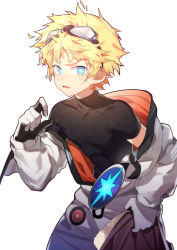 Rule 34 | 1boy, absurdres, black shirt, blonde hair, blue eyes, cowboy shot, fate/grand order, fate/requiem, fate (series), gloves, goggles, goggles on head, highres, male focus, off shoulder, shirt, simple background, solo, sora (zwz030), spacesuit, voyager (fate), voyager (third ascension) (fate), white background, white gloves