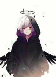 Rule 34 | 1boy, :|, barcode, barcode tattoo, black jacket, black wings, closed mouth, cowboy shot, drawstring, facial tattoo, grey hair, hair between eyes, halo, hands in pockets, highres, hood, hooded jacket, indie utaite, jacket, long hair, long sleeves, low wings, mafumafu, male focus, purple jacket, red eyes, ritzchrono, short hair, sidelocks, simple background, smile, solo, straight-on, tattoo, two-sided fabric, two-sided jacket, white background, wings