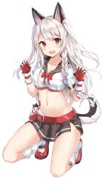 Rule 34 | 1girl, animal ears, azur lane, belt, black skirt, blush, braid, breasts, cleavage, collarbone, crop top, crop top overhang, dot nose, eyebrows, fang, fingerless gloves, full body, gloves, groin, kneeling, long hair, looking at viewer, medium breasts, midriff, miniskirt, nail polish, navel, noboru (kamine204136), open mouth, paw pose, pleated skirt, red belt, red eyes, red footwear, red neckwear, short eyebrows, short sleeves, silver hair, simple background, single braid, skirt, solo, tail, tattoo, thick eyebrows, white background, white legwear, yuudachi (azur lane)