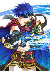 Rule 34 | 1boy, black gloves, black headband, blue eyes, blue hair, cape, closed mouth, cowboy shot, fingerless gloves, fire emblem, fire emblem: path of radiance, frown, gloves, headband, holding, holding sword, holding weapon, ike (fire emblem), looking at viewer, male focus, nintendo, pants, short hair, solo, soyo2106, sword, weapon, white pants