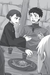 Rule 34 | 1girl, 2boys, ayakura juu, blush, bread, craft lawrence, dutch angle, eating, elsa schtingheim, embarrassed, evan gyoam, fish, food, greyscale, holding, holding food, jewelry, monochrome, multiple boys, necklace, novel illustration, nun, official art, open mouth, short hair, sitting, spice and wolf, sweatdrop
