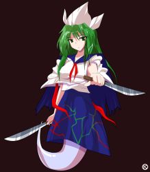 Rule 34 | 1girl, alphes (style), capelet, dress, dual wielding, female focus, full body, ghost, ghost tail, green eyes, green hair, hat, highly responsive to prayers, holding, kaoru (gensou yuugen-an), knife, long hair, matching hair/eyes, md5 mismatch, mima (touhou), parody, resolution mismatch, sailor dress, simple background, skirt, solo, source larger, style parody, touhou, touhou (pc-98)