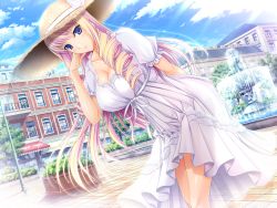 Rule 34 | 1girl, adjusting hair, arm behind back, bertille althusser, blonde hair, blue eyes, breasts, building, bush, checkered floor, city, cleavage, cloud, day, dress, drill hair, flower, fountain, from side, game cg, hat, hat flower, highres, komori kei, lace, lace-trimmed dress, lace trim, lamppost, large breasts, leaning forward, light rays, light smile, long hair, looking at viewer, multicolored hair, outdoors, pink hair, railing, ribbon, rose, see-through silhouette, short sleeves, sidelocks, sky, smile, solo, standing, straw hat, sunbeam, sundress, sunlight, tile floor, tiles, tree, twin drills, two-tone hair, very long hair, walkure romanze, water, white dress, white flower, white rose