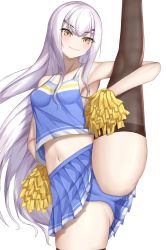 Rule 34 | 1girl, absurdres, ass, bare shoulders, black thighhighs, blouse, blue panties, blue shirt, blue skirt, blush, breasts, brown eyes, cameltoe, cheerleader, cleavage, cleft of venus, collarbone, crop top, melusine (fate), fate/grand order, fate (series), forked eyebrows, highres, holding, holding pom poms, kneepits, leg lift, leg up, long hair, looking at viewer, miniskirt, navel, panties, pleated skirt, pom pom (cheerleading), pom poms, sharen, shirt, sidelocks, simple background, skirt, small breasts, smile, solo, split, standing, standing on one leg, standing split, stomach, thick thighs, thighhighs, thighs, underwear, white background, white hair, yellow eyes