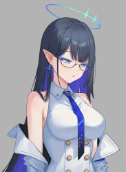 Rule 34 | 1girl, absurdres, bare shoulders, black-framed eyewear, black hair, blue archive, blue eyes, blue hair, blue halo, blue necktie, blunt bangs, blush, breasts, closed mouth, collared shirt, colored inner hair, commentary, diamond earrings, earrings, eyeshadow, frown, glasses, glint, grey background, hair behind ear, halo, highres, jewelry, large breasts, lips, long hair, looking down, makeup, multicolored hair, necktie, pointy ears, qumai79, rin (blue archive), semi-rimless eyewear, shirt, simple background, sleeveless, sleeveless shirt, slit pupils, solo, straight hair, upper body, very long hair, white shirt