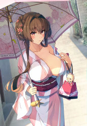 Rule 34 | 1girl, alternate costume, alternate hairstyle, bare shoulders, blush, breasts, brown hair, building, cherry blossoms, day, flower, hair bun, hair flower, hair intakes, hair ornament, highres, himeyamato, holding, holding umbrella, iowa (kancolle), japanese clothes, kantai collection, kimono, large breasts, long hair, looking at viewer, multicolored clothes, multicolored kimono, obi, open clothes, outdoors, pink kimono, red eyes, road, sash, sidelocks, solo, standing, street, two-tone kimono, umbrella, white kimono, yamato (kancolle)