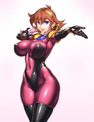 Rule 34 | 10s, 1girl, :d, armor, armpits, blue eyes, blush, bodysuit, bracer, breasts, brown hair, covered erect nipples, covered navel, cowboy shot, dutch angle, earrings, female focus, flipped hair, from side, g gundam, gloves, grey background, gundam, gundam build fighters, hair between eyes, hairband, happy, holding, impossible bodysuit, impossible clothes, jewelry, jpeg artifacts, large breasts, latex, latex gloves, latex suit, looking at viewer, microphone, mobile trace suit, music, navel, neck ring, open mouth, outstretched arm, pauldrons, rain mikamura, rindou (radical dream), shiny clothes, short hair, shoulder armor, simple background, singing, skin tight, smile, solo, thighs, wide hips