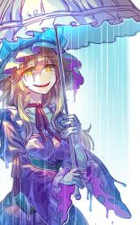 Rule 34 | 1girl, blonde hair, blue background, bow, choker, dress, frills, gloves, hat, hat bow, long hair, long sleeves, looking at viewer, mob cap, obi, puffy sleeves, purple dress, rain, sash, simple background, smile, solo, touhou, umbrella, wet, wet clothes, wide sleeves, yakumo yukari, yellow eyes, zounose
