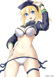 Rule 34 | 1girl, absurdres, ahoge, artoria pendragon (fate), baseball cap, bikini, blonde hair, blue eyes, blue hat, blue jacket, blush, breasts, cleavage, cropped jacket, fate/grand order, fate (series), hair through headwear, hat, highres, jacket, large breasts, long hair, long sleeves, looking at viewer, mysterious heroine x (fate), mysterious heroine xx (fate), navel, open mouth, ponytail, shidou (x 2903), shrug (clothing), side-tie bikini bottom, smile, solo, swimsuit, thigh strap, thighs, white bikini, wristband