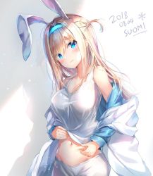 Rule 34 | 1girl, animal ears, bad id, bad twitter id, belly grab, blonde hair, blue eyes, blush, breasts, character name, cleavage, closed mouth, clothes lift, coat, collarbone, cowboy shot, dana (hapong07), dated, frown, girls&#039; frontline, groin, hair between eyes, hair ornament, hairband, highres, lifting own clothes, long hair, looking at viewer, medium breasts, navel, off shoulder, one side up, pants, rabbit ears, shirt, shirt lift, sidelocks, snowflake hair ornament, solo, stomach, suomi (girls&#039; frontline), tank top, tearing up, white pants, white shirt