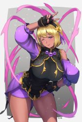 Rule 34 | 1girl, alternate color, asamiya athena, bare shoulders, black gloves, blonde hair, china dress, chinese clothes, dark-skinned female, dark skin, detached sleeves, dress, fingerless gloves, floral print, gloves, gold trim, hair ornament, hairband, hero (do-belman), highres, one eye closed, purple eyes, short hair, snk, the king of fighters, the king of fighters xv, v