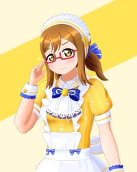 Rule 34 | 1girl, adjusting glasses, alternate hairstyle, apron, artist name, artist request, back bow, blue bow, blush, bow, bowtie, breasts, brown eyes, brown hair, collared dress, dress, female focus, frilled apron, frills, glasses, hair between eyes, hair bow, hair tie, hairband, highres, kunikida hanamaru, light brown hair, long hair, looking at viewer, love live!, love live! school idol festival, love live! sunshine!!, maid, maid apron, maid headdress, neckerchief, parted lips, puffy short sleeves, puffy sleeves, ribbon, semi-rimless eyewear, short sleeves, short twintails, small breasts, smile, solo, striped, striped bow, twintails, upper body, white apron, white bow, white hairband, white headdress, white neckerchief, white ribbon, white wrist cuffs, wing collar, wrist bow, wrist cuffs, yellow dress, yellow eyes
