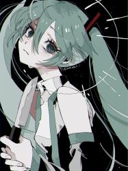 Rule 34 | 1girl, black sleeves, blade to throat, commentary, crying, detached sleeves, green eyes, green hair, green necktie, hatsune miku, highres, holding, holding knife, imminent suicide, knife, long hair, looking at viewer, necktie, shirt, sleeveless, sleeveless shirt, solo, tabun ningen, twintails, vocaloid