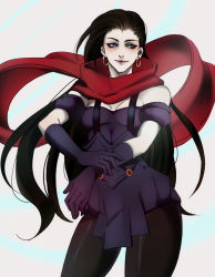 Rule 34 | 1girl, bad id, bad tumblr id, black hair, blue eyes, breasts, cleavage, contrapposto, earrings, elbow gloves, gloves, highres, hoop earrings, jewelry, jojo no kimyou na bouken, lipstick, lisa lisa, long hair, looking to the side, makeup, muragi, pantyhose, purple gloves, red lips, red scarf, scarf, smile, solo, standing