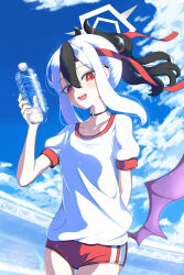 Rule 34 | 1girl, absurdres, alternate costume, arm behind back, black choker, black hair, black horns, blue archive, blue sky, blush, bottle, breasts, bright pupils, buruma, choker, cloud, cloudy sky, commentary request, cowboy shot, gym uniform, halo, highres, holding, holding bottle, horns, hotta karasi, kayoko (blue archive), long hair, looking at viewer, looking down, mole, mole on collarbone, multicolored hair, open mouth, outdoors, ponytail, purple wings, red buruma, red eyes, shirt, short sleeves, sidelocks, single wing, sky, small breasts, smile, solo, standing, star sticker, sticker on face, teeth, two-tone hair, upper teeth only, water bottle, white hair, white halo, white pupils, white shirt, wings