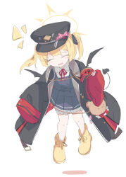 Rule 34 | 1girl, absurdres, armband, black coat, black hat, black ribbon, blonde hair, bloomers, blue archive, blue dress, boots, closed eyes, coat, collared shirt, crime prevention buzzer, cygnet (5817cygnet), demon girl, demon tail, demon wings, dress, facing viewer, floating, full body, hair ribbon, halo, hat, highres, ibuki (blue archive), long sleeves, military hat, neck ribbon, notice lines, open mouth, oversized clothes, peaked cap, pinafore dress, red armband, red ribbon, ribbon, shirt, short sleeves, short twintails, simple background, sketch, sleeveless, sleeveless dress, sleeves past fingers, sleeves past wrists, solo, tail, twintails, underwear, white background, white bloomers, white shirt, wings, yellow footwear, yellow halo