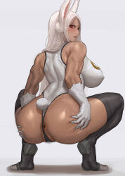 Rule 34 | 1girl, absurdres, animal ears, anus, ass, bare shoulders, blush, boku no hero academia, breasts, covered erect nipples, crescent print, dark-skinned female, dark skin, female pubic hair, from behind, full body, gloves, haloo1101, hands on own ass, highleg, highleg leotard, highres, large breasts, leotard, long hair, looking at viewer, looking back, median furrow, mirko, parted bangs, parted lips, pubic hair, purple thighhighs, rabbit ears, rabbit girl, rabbit tail, red eyes, sleeveless turtleneck leotard, solo, spread ass, squatting, sweat, tail, taut leotard, thighhighs, thighs, tiptoes, toned, uncensored, white gloves, white hair, white leotard