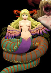 Rule 34 | 1girl, angel wings, artist request, black background, blonde hair, breasts, breath of fire, breath of fire iii, capcom, censored, censored violence, drawfag, guro, lamia, long hair, monster girl, mosaic censoring, myria, nipples, pussy, simple background, solo, source request, very long hair, winged arms, wings