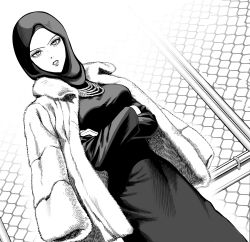 Rule 34 | 1girl, artist request, black dress, breasts, chain-link fence, coat, coat on shoulders, crossed arms, derivative work, dress, fence, fubuki (one-punch man), fur coat, highres, hijab, jewelry, comic panel redraw, medium breasts, monochrome, multiple necklaces, necklace, one-punch man, open mouth, pearl necklace, solo, tagme, taut clothes, taut dress