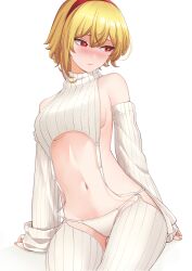 Rule 34 | 1girl, absurdres, alternate costume, bare shoulders, blonde hair, blush, breasts, detached sleeves, embarrassed, garter straps, highres, hololive, hololive indonesia, kaela kovalskia, kiwinian, looking to the side, medium breasts, meme attire, midriff, navel, red eyes, short hair, simple background, sitting, solo, stomach, thighhighs, virgin destroyer sweater, virtual youtuber, white background