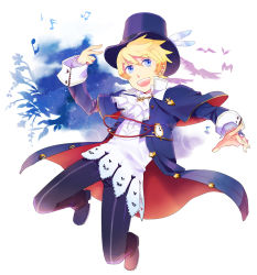 Rule 34 | 1boy, alternate costume, ascot, bad id, bad pixiv id, blonde hair, blue eyes, company connection, cosplay, crossover, flynn scifo, formal, frederic chopin (trusty bell), frederic chopin (trusty bell) (cosplay), happy, hat, jumping, male focus, namco, pants, pocket watch, sen nai, shoes, solo, suit, tales of (series), tales of vesperia, top hat, trusty bell, watch