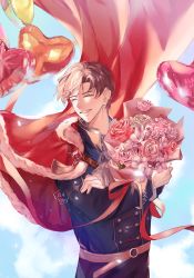 Rule 34 | 1boy, :d, artem wing (tears of themis), balloon, blue jacket, blue sky, bouquet, cape, cloud, cloudy sky, closed eyes, flower, gloves, grin, holding, holding bouquet, jacket, jia yoo, long sleeves, open mouth, pink flower, pink rose, red cape, rose, short hair, sky, smile, solo, tears of themis, teeth, white gloves
