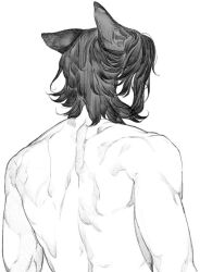 Rule 34 | 1boy, animal ears, cat ears, extra ears, from behind, greyscale, hituzinnsaa12, male focus, monochrome, nude, original, short hair, simple background, solo, toned, toned male, upper body