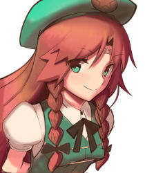 Rule 34 | 1girl, bandaid, bandaid on face, bandaid on forehead, black bow, black ribbon, boa (brianoa), bow, braid, closed mouth, collared shirt, green eyes, green hat, green vest, hat, highres, hong meiling, long hair, looking at viewer, neck ribbon, puffy short sleeves, puffy sleeves, red hair, ribbon, shirt, short sleeves, simple background, smile, solo, touhou, twin braids, upper body, vest, white background, white shirt