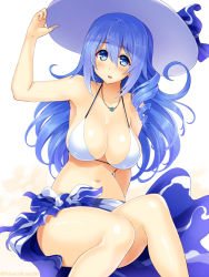 Rule 34 | 1girl, arm up, armpits, artist name, bare arms, bare legs, bare shoulders, bikini, bikini top only, blue eyes, blue hair, blue ribbon, blue theme, breasts, cleavage, collarbone, cu-no, drill hair, eyebrows, hair between eyes, hat, hat ornament, hat ribbon, hisen kaede, jewelry, kikyou-0423, kohitsuji ai, large breasts, long hair, looking at viewer, matching hair/eyes, navel, necklace, original, ribbon, sarong, shiny skin, simple background, sitting, solo, stomach, strap gap, swimsuit, very long hair, white background, white bikini