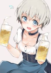 Rule 34 | 10s, 1girl, alcohol, beer, beer mug, blue eyes, blush, breasts, choker, cleavage, cole (coleltu), cross, cup, dirndl, dress, german clothes, iron cross, kantai collection, looking at viewer, mug, oktoberfest, open mouth, short hair, silver hair, smile, solo, z1 leberecht maass (kancolle)