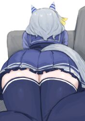 Rule 34 | 1girl, absurdres, animal ears, ass, blurry, blurry background, commentary, couch, facing away, grey hair, hair ornament, highres, hishi miracle (umamusume), horse ears, horse tail, kumiyabe, lying, medium hair, on stomach, school uniform, simple background, solo, tail, thighhighs, tracen school uniform, umamusume, white background