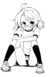 Rule 34 | 1girl, ahoge, alternate costume, blush, clenched hand, commentary request, elbows on knees, futa (nabezoko), glasses, greyscale, gym shorts, gym uniform, hand on own knee, highres, kneehighs, knees up, looking to the side, monochrome, on ground, panties, pantyshot, parted bangs, shadow, shirt, shoes, short hair, short sleeves, shorts, simple background, sitting, sketch, sneakers, socks, solo, spread legs, sweat, t-shirt, touhou, underwear, upshorts, usami sumireko, white background